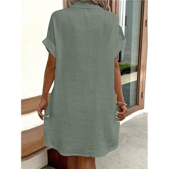 Casual Button Down Cotton Shirt Dress with Pockets - Picture 13 of 15